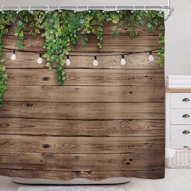 Riyidecor Extra Wide Wooden Clawfoot Tub Fabric Shower Curtain 108Wx72H Inch Rustic Wood Green Leaves 18 Pack Metal Hooks Western Farmhouse Brown Wall Board Bathroom Home Decor Waterproof Polyester - Image 2